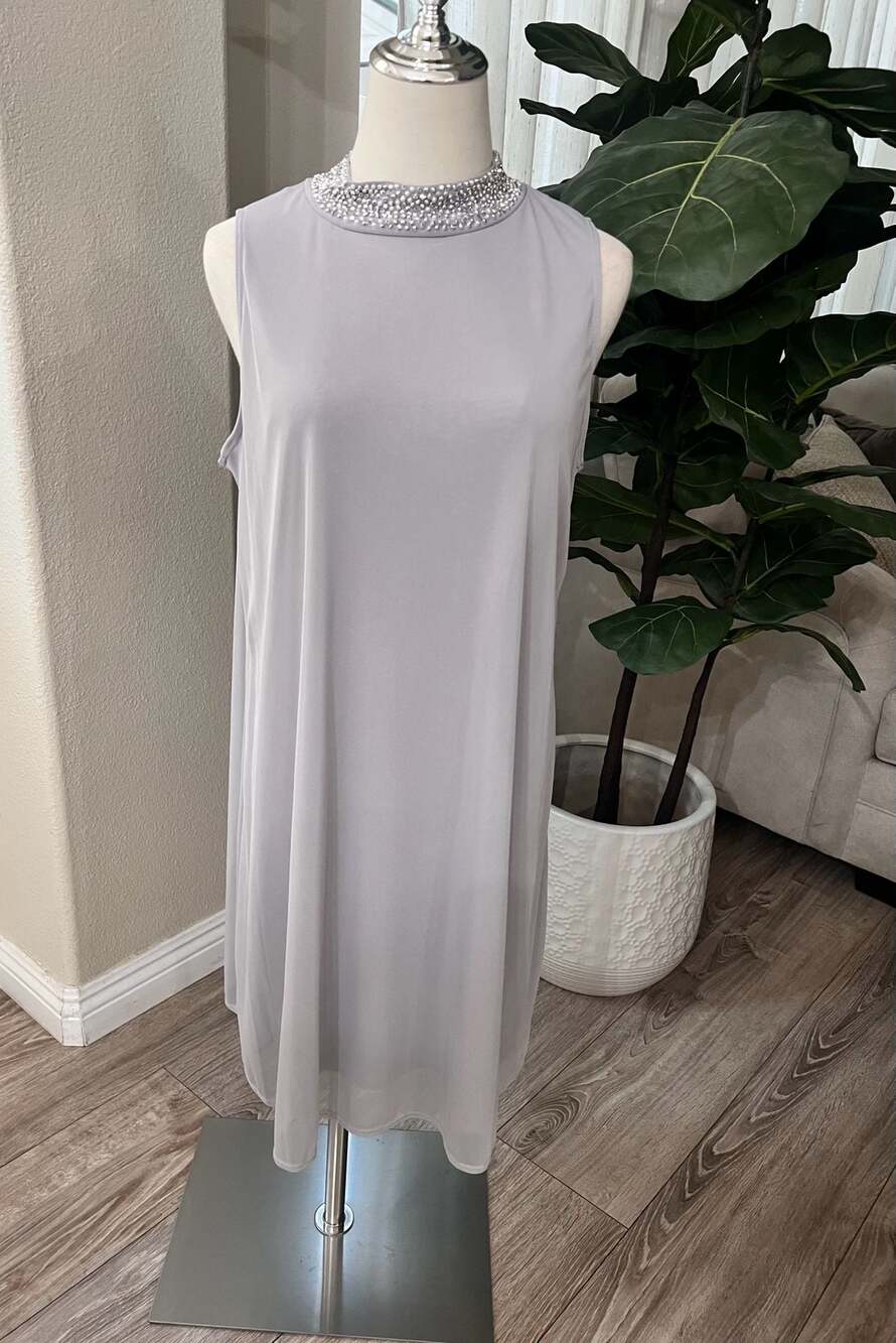 Nik and Nash Grey Sleeveless Shift Dress with Beaded Embellished Collar